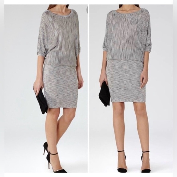 Reiss Sabra SPACEDYE Knitted Blouson GREY BLUE 3/4 batwing Sleeve Dress Size 6 - Picture 1 of 14
